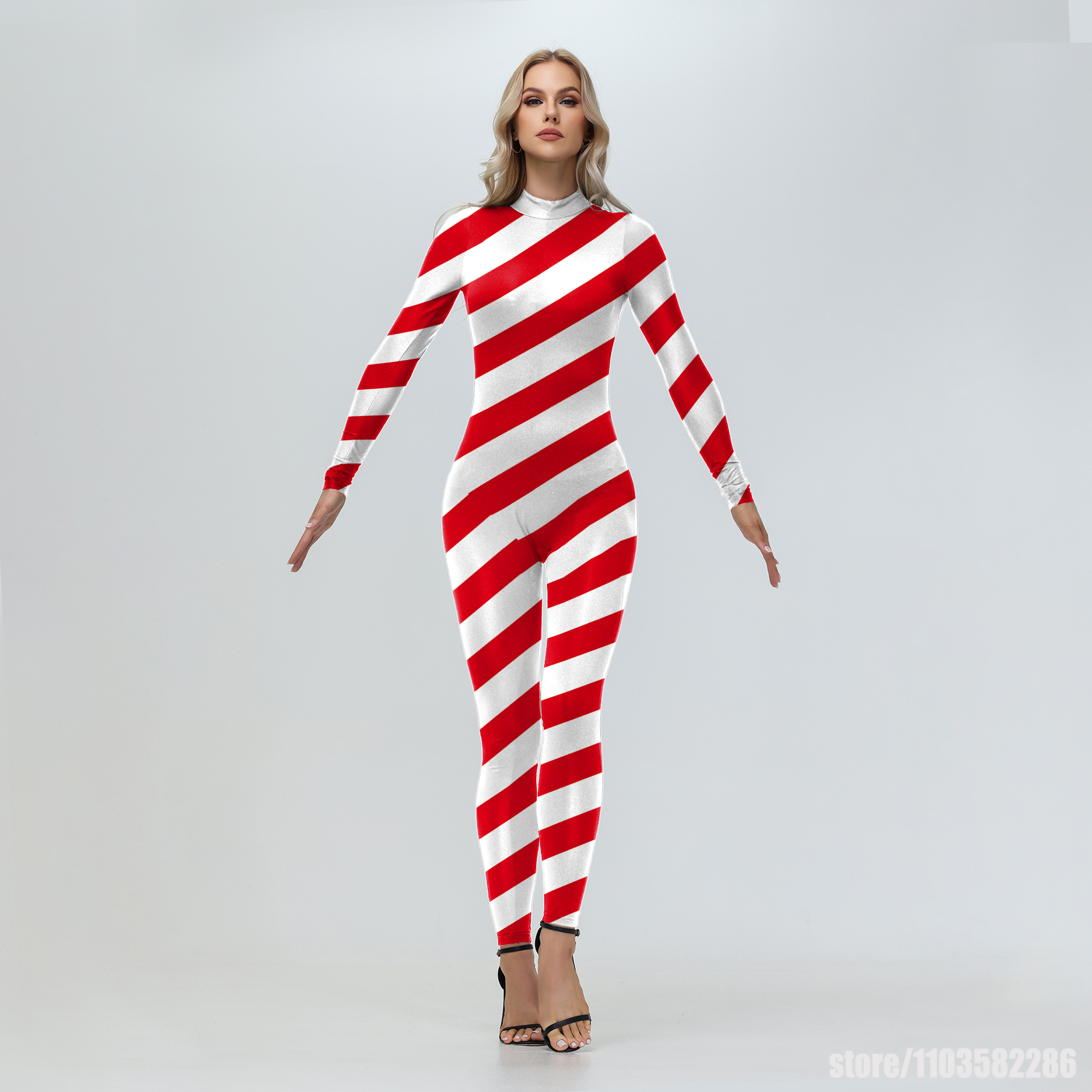 Women Candy Cane Jumpsuit Red  - огляд і ціна 3D Printing Xmas